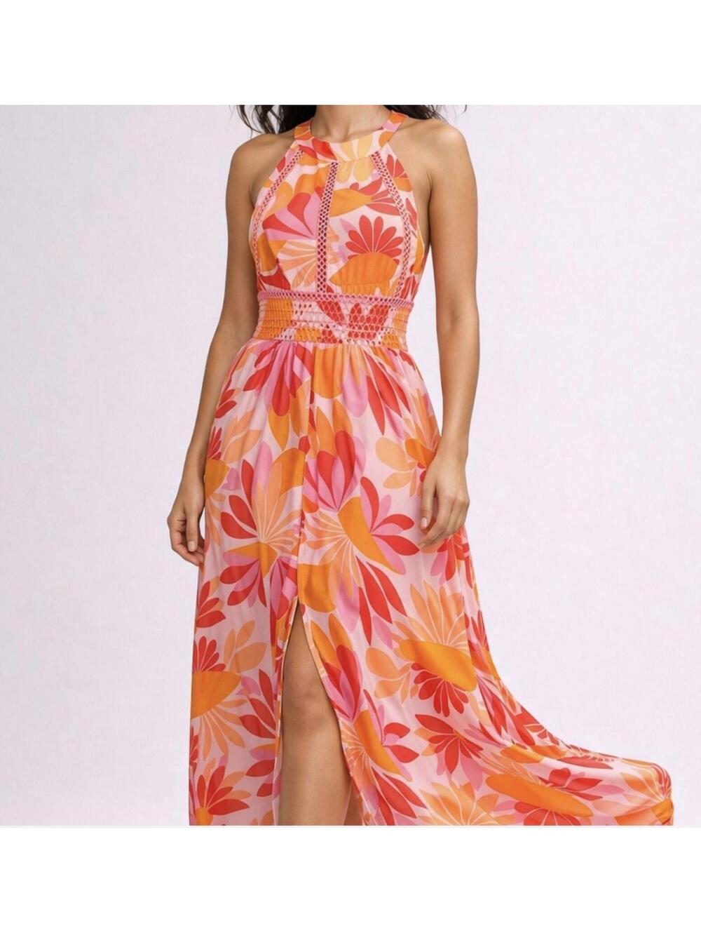 Anthropologie able the label, sunset pink floral, halter, maxi flowy sundress